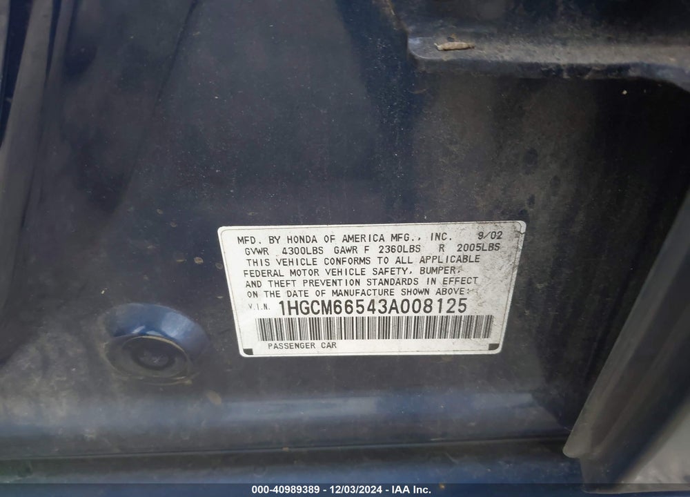 2003 HONDA ACCORD 3.0 EX VIN: 1HGCM66543A008125