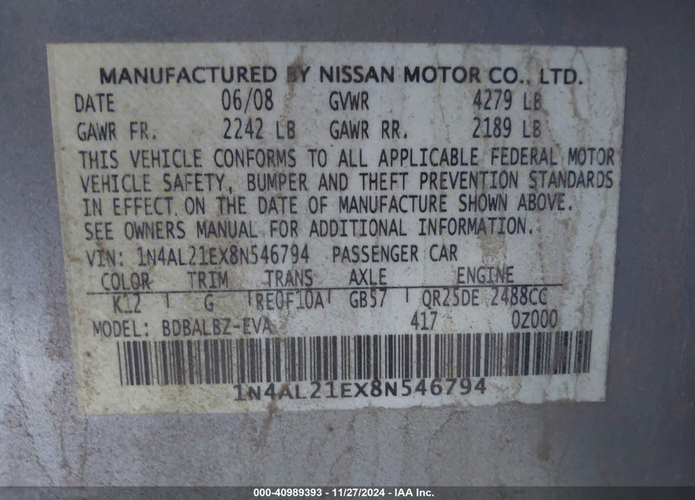 2008 NISSAN ALTIMA 2.5 S VIN: 1N4AL21EX8N546794
