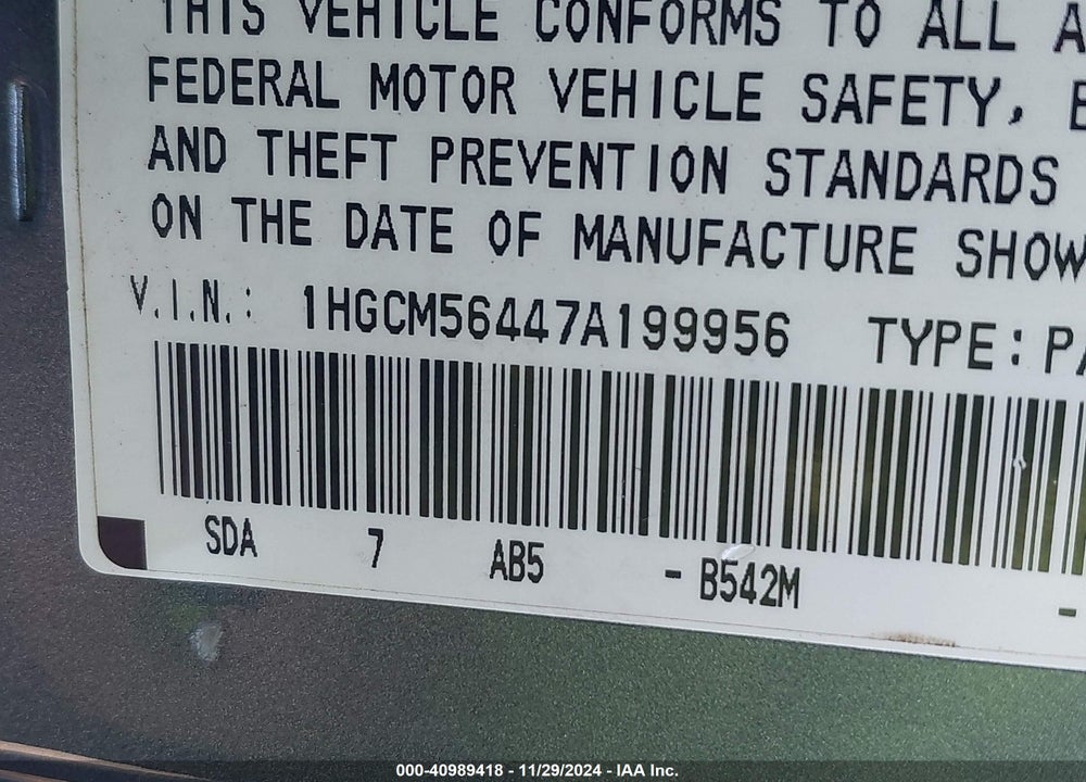2007 HONDA ACCORD 2.4 LX VIN: 1HGCM56447A199956