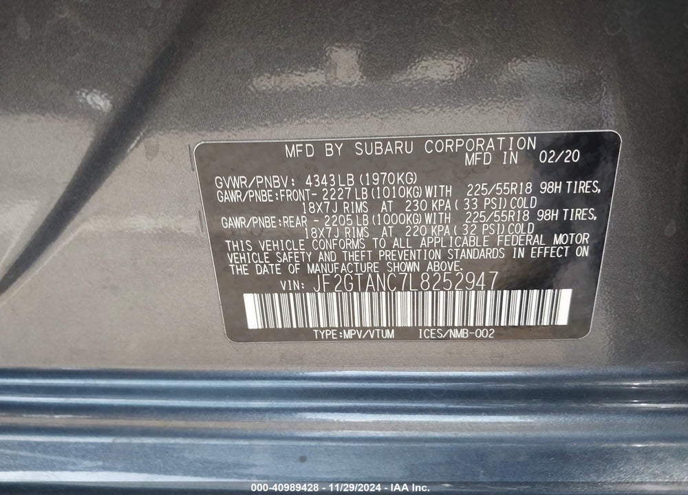 2020 SUBARU CROSSTREK LIMITED VIN: JF2GTANC7L8252947