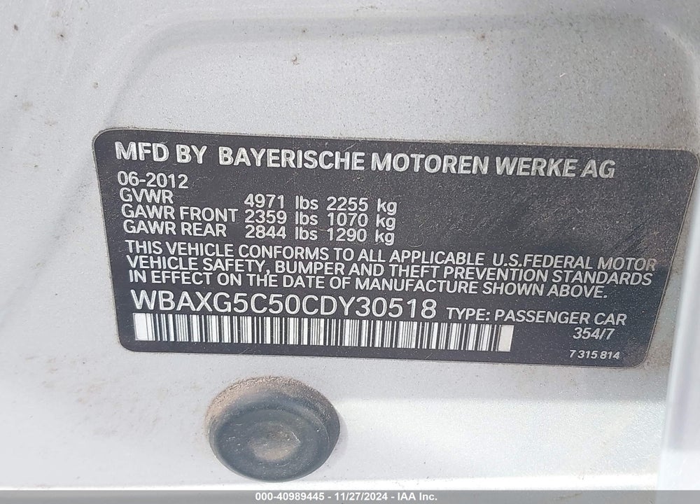 2012 BMW 528I VIN: WBAXG5C50CDY30518