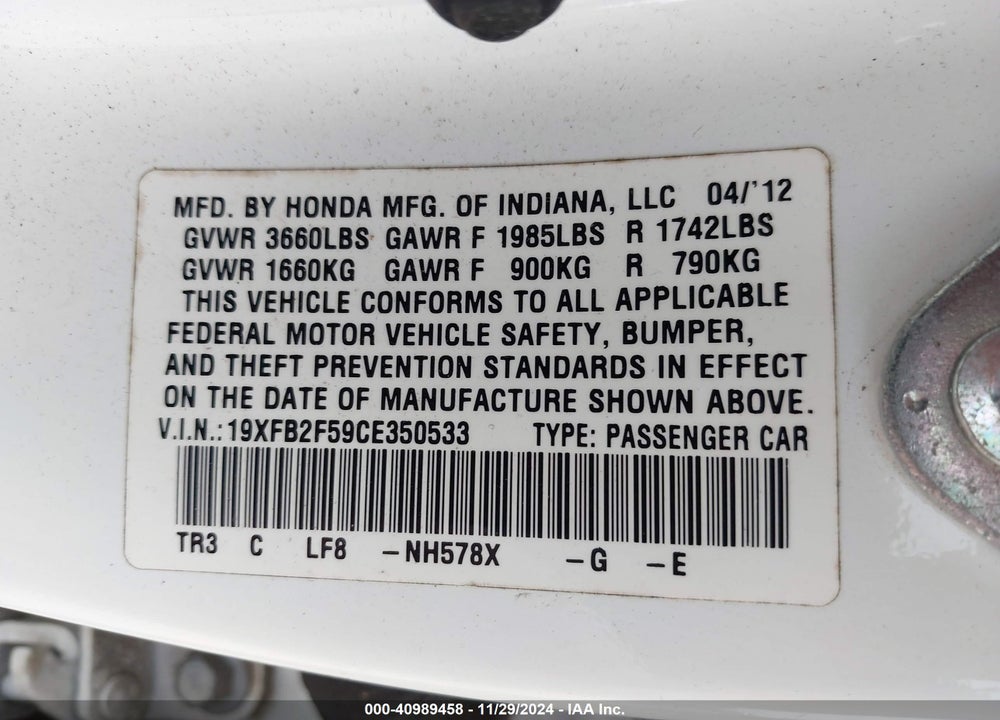 2012 HONDA CIVIC LX VIN: 19XFB2F59CE350533