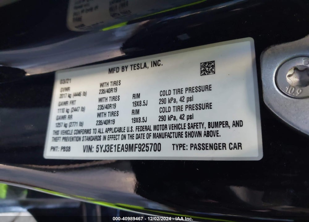 2021 TESLA MODEL 3 STANDARD RANGE PLUS REAR-WHEEL DRIVE VIN: 5YJ3E1EA9MF925700
