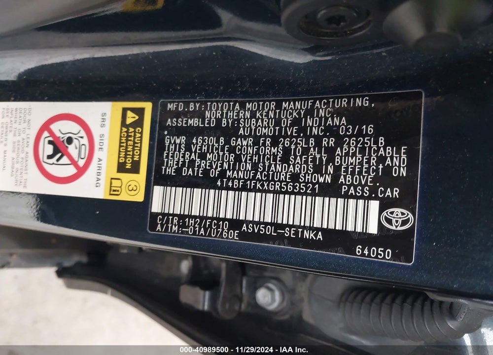 2016 TOYOTA CAMRY LE VIN: 4T4BF1FKXGR563521