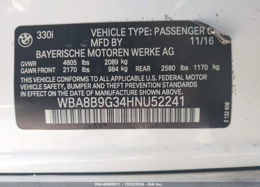 2017 BMW 330I VIN: WBA8B9G34HNU52241