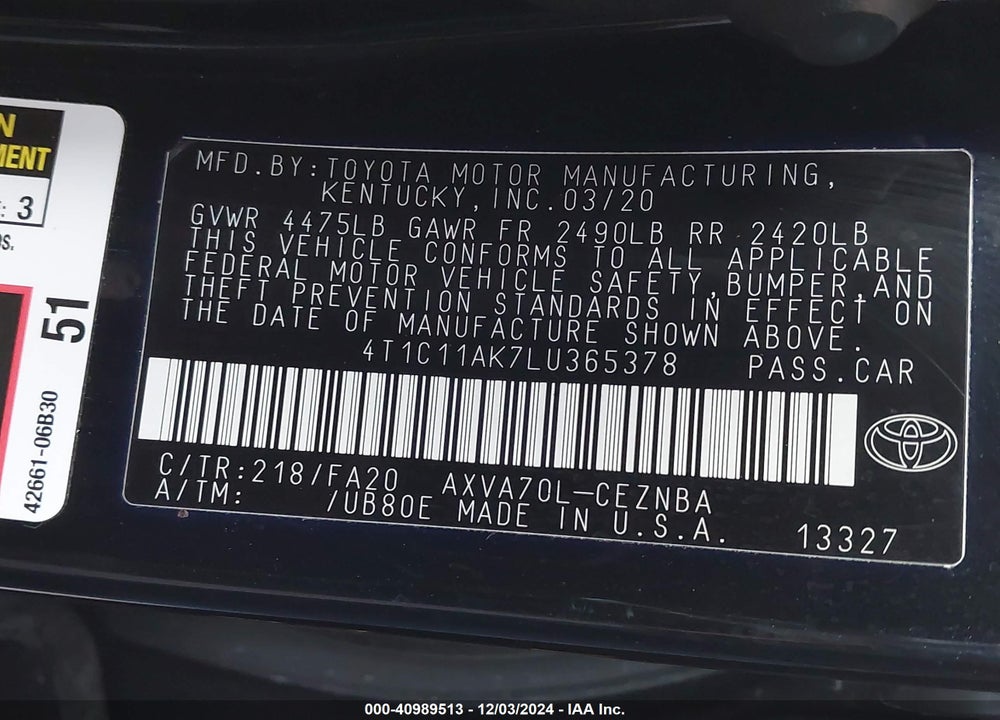 2020 TOYOTA CAMRY LE VIN: 4T1C11AK7LU365378