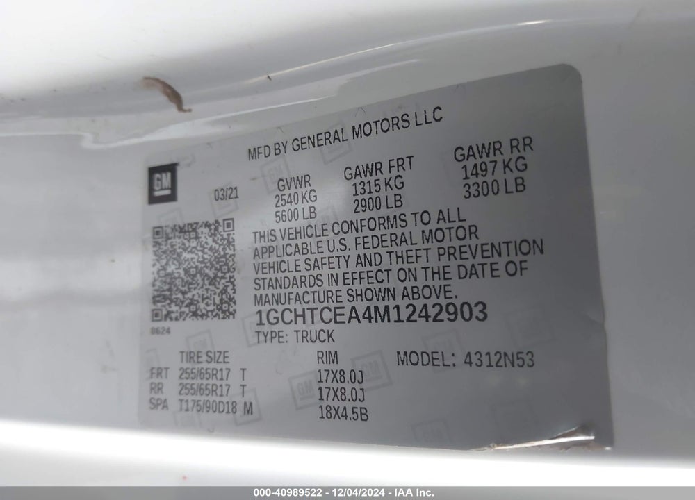 2021 CHEVROLET COLORADO 4WD LONG BOX LT VIN: 1GCHTCEA4M1242903