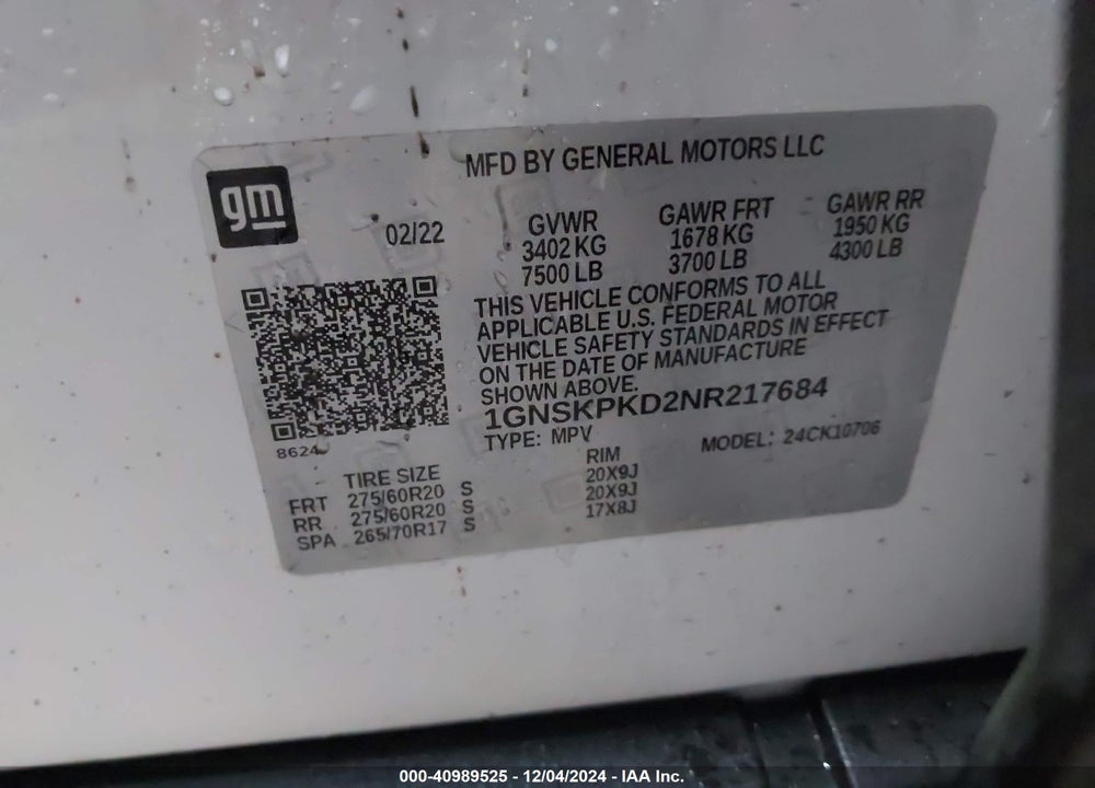 2022 CHEVROLET TAHOE 4WD Z71 VIN: 1GNSKPKD2NR217684