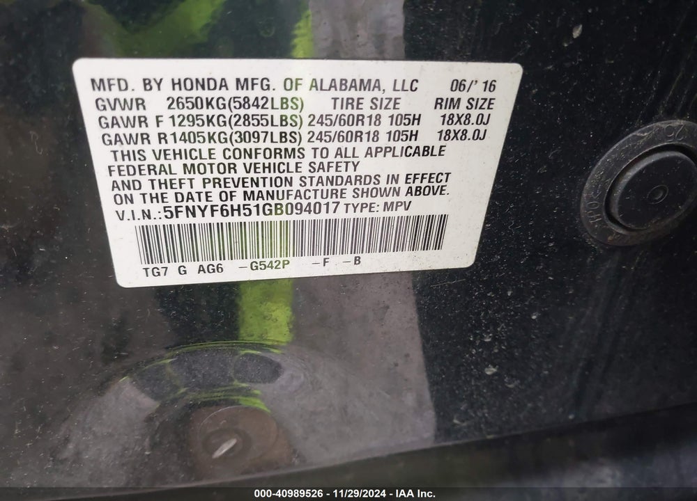 2016 HONDA PILOT EX-L VIN: 5FNYF6H51GB094017