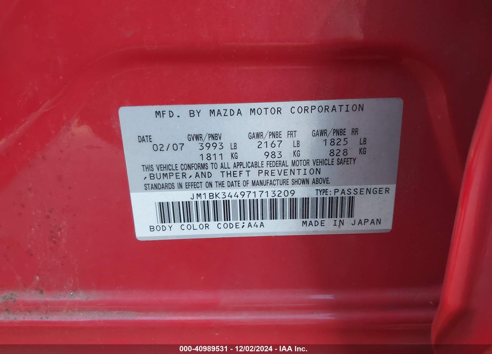 2007 MAZDA MAZDA3 VIN: JM1BK344971713209