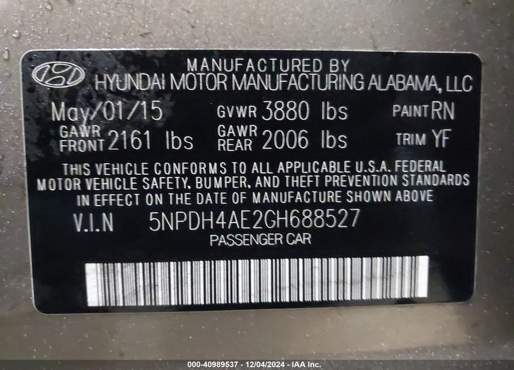 2016 HYUNDAI ELANTRA SE VIN: 5NPDH4AE2GH688527
