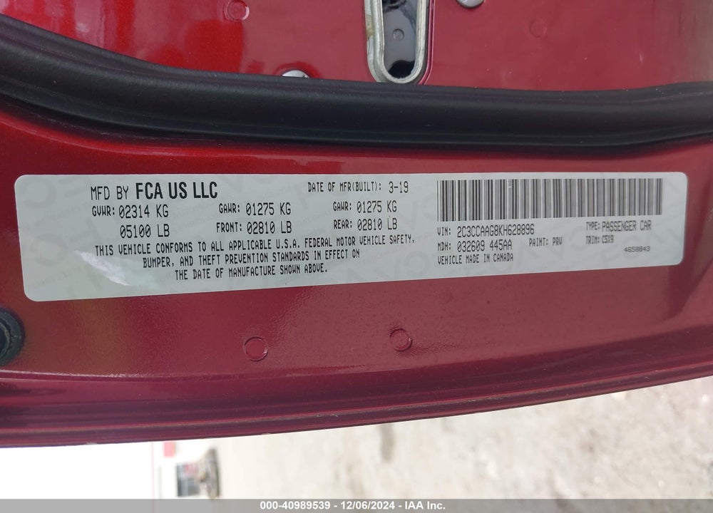 2019 CHRYSLER 300 TOURING VIN: 2C3CCAAG8KH628896