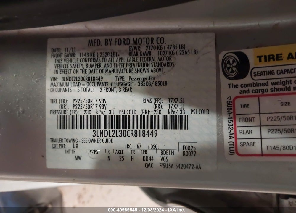 2012 LINCOLN MKZ HYBRID VIN: 3LNDL2L30CR818449