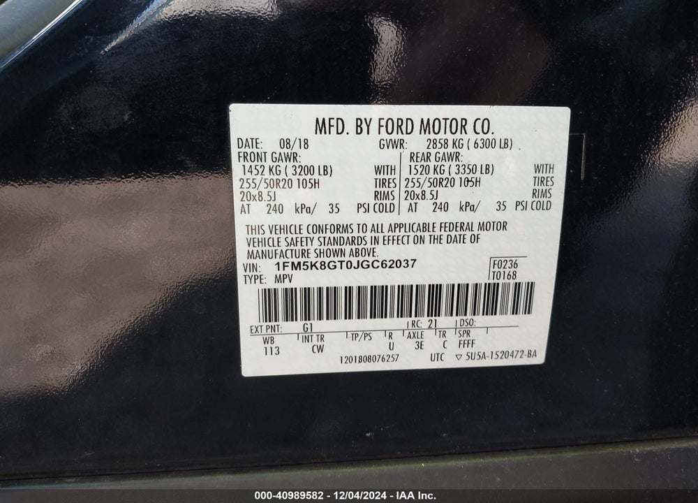 2018 FORD EXPLORER SPORT VIN: 1FM5K8GT0JGC62037