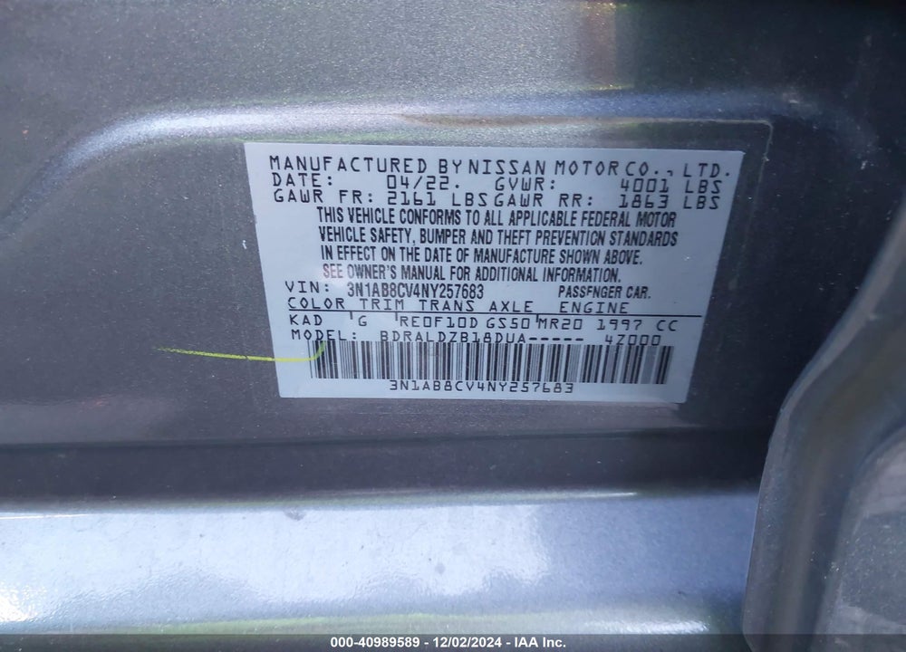 2022 NISSAN SENTRA SV XTRONIC CVT VIN: 3N1AB8CV4NY257683