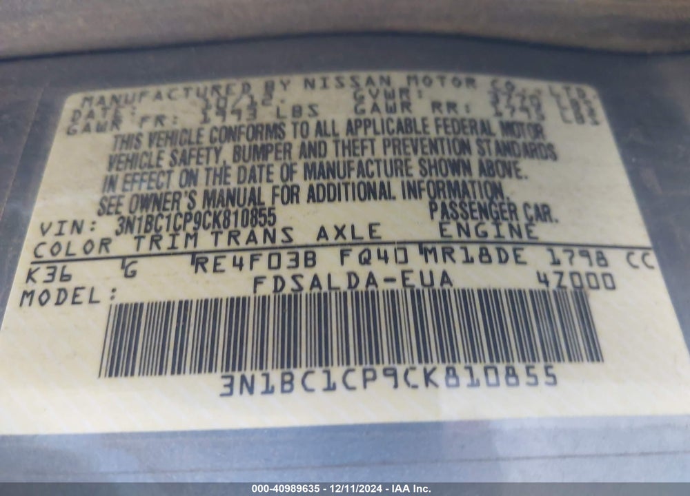 2012 NISSAN VERSA 1.8 S VIN: 3N1BC1CP9CK810855