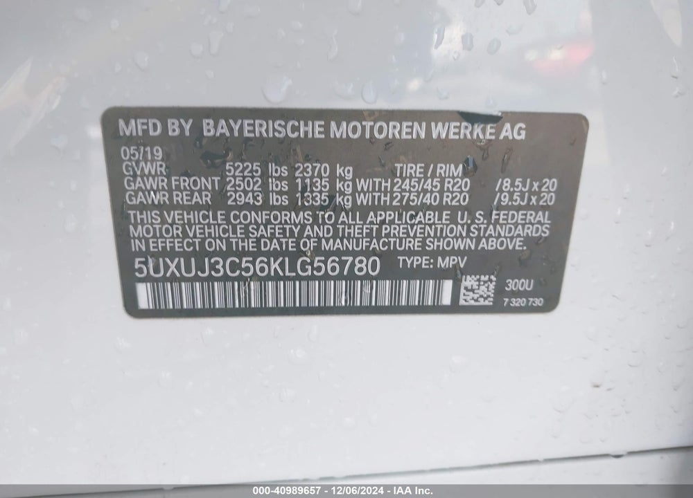 2019 BMW X4 XDRIVE30I VIN: 5UXUJ3C56KLG56780