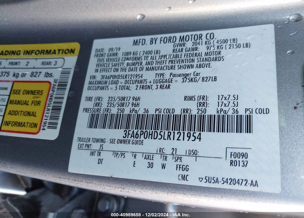 2020 FORD FUSION SE VIN: 3FA6P0HD5LR121954