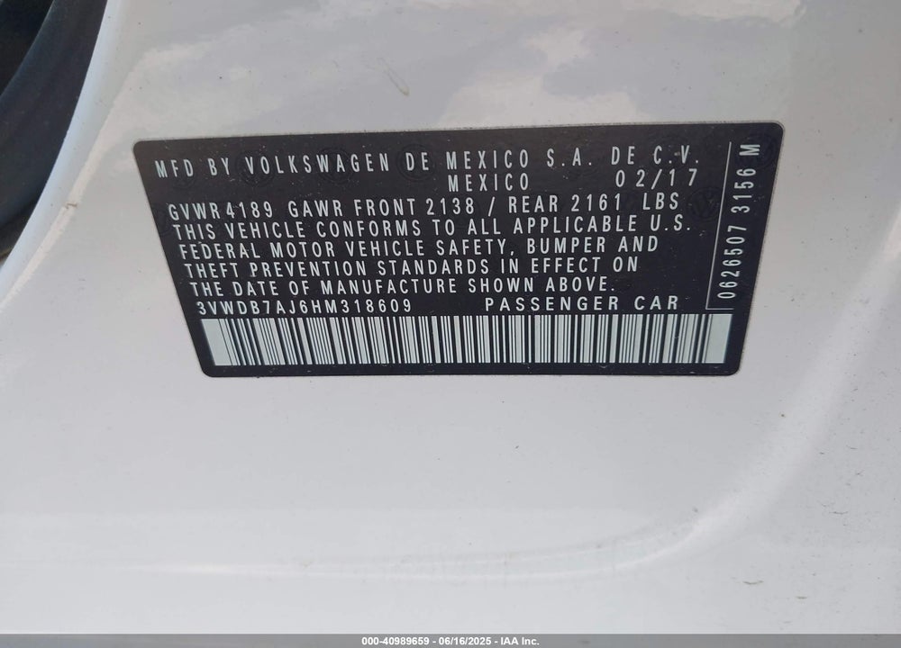 2017 VOLKSWAGEN JETTA VIN: 3VWDB7AJ6HM318609