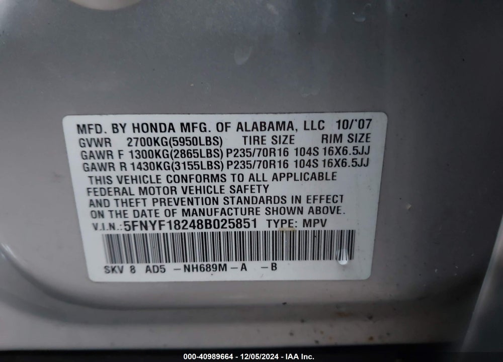 2008 HONDA PILOT VP VIN: 5FNYF18248B025851