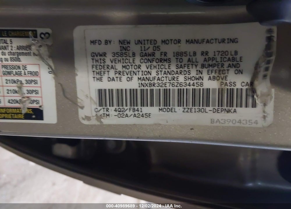 2006 TOYOTA COROLLA LE VIN: 1NXBR32E76Z634458