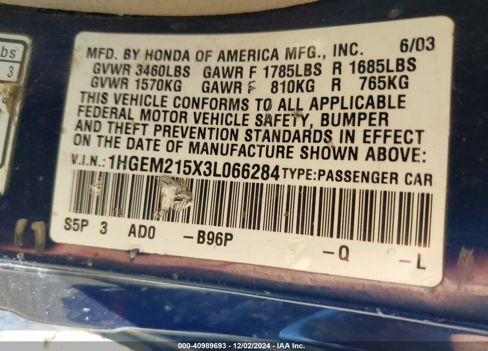 2003 HONDA CIVIC LX VIN: 1HGEM215X3L066284