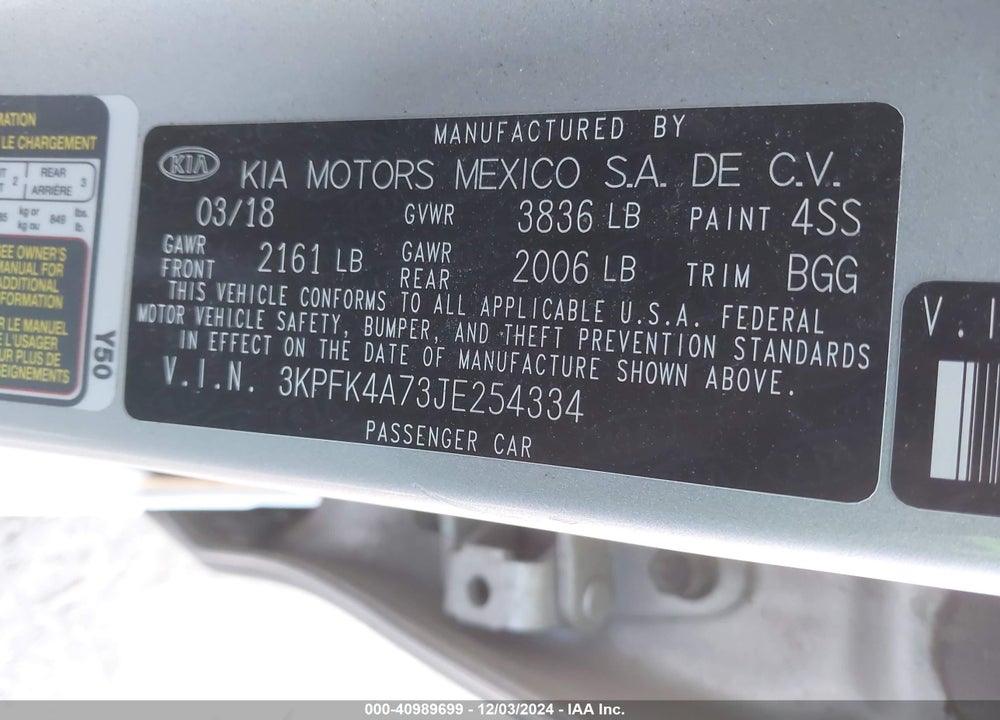 2018 KIA FORTE LX VIN: 3KPFK4A73JE254334
