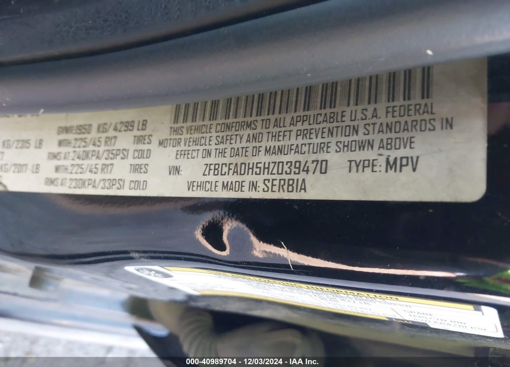 2017 FIAT 500L VIN: ZFBCFADH5HZ039470