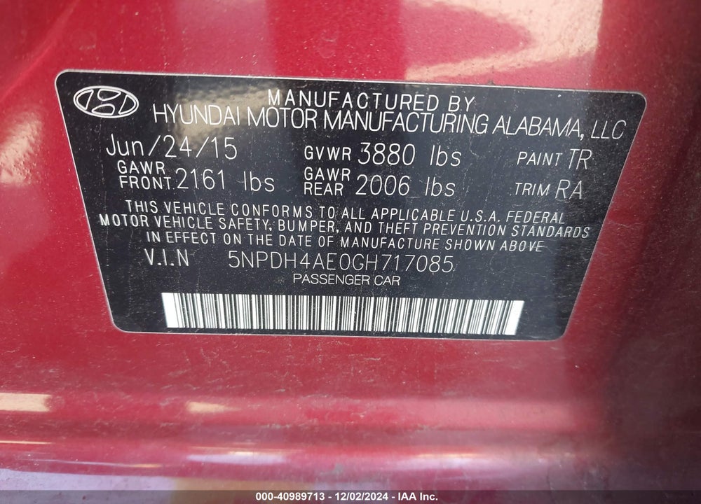 2016 HYUNDAI ELANTRA SE VIN: 5NPDH4AE0GH717085