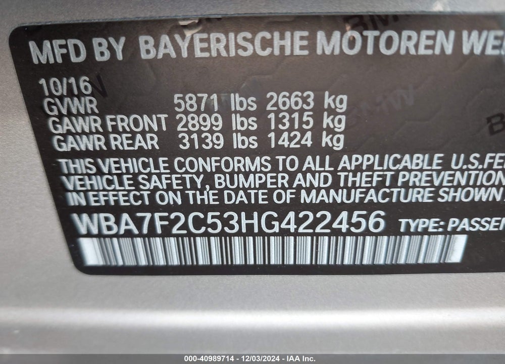 2017 BMW ALPINA B7 VIN: WBA7F2C53HG422456