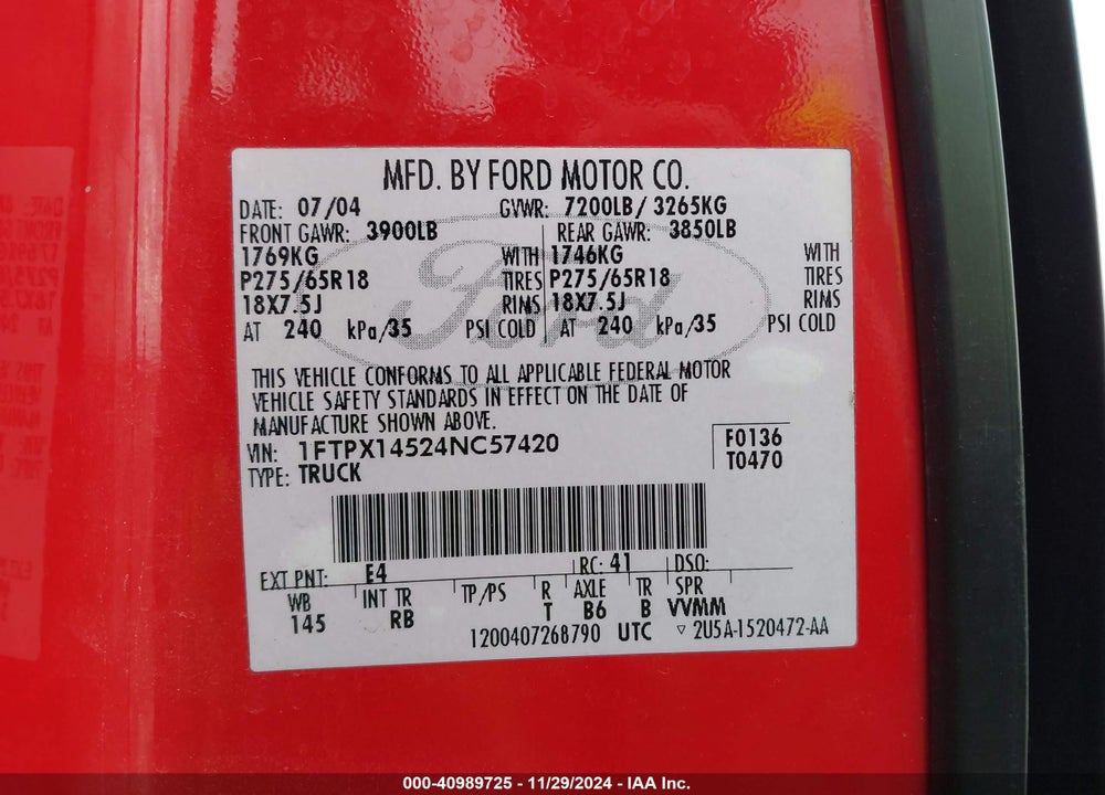 2004 FORD F-150 FX4/LARIAT/XL/XLT VIN: 1FTPX14524NC57420