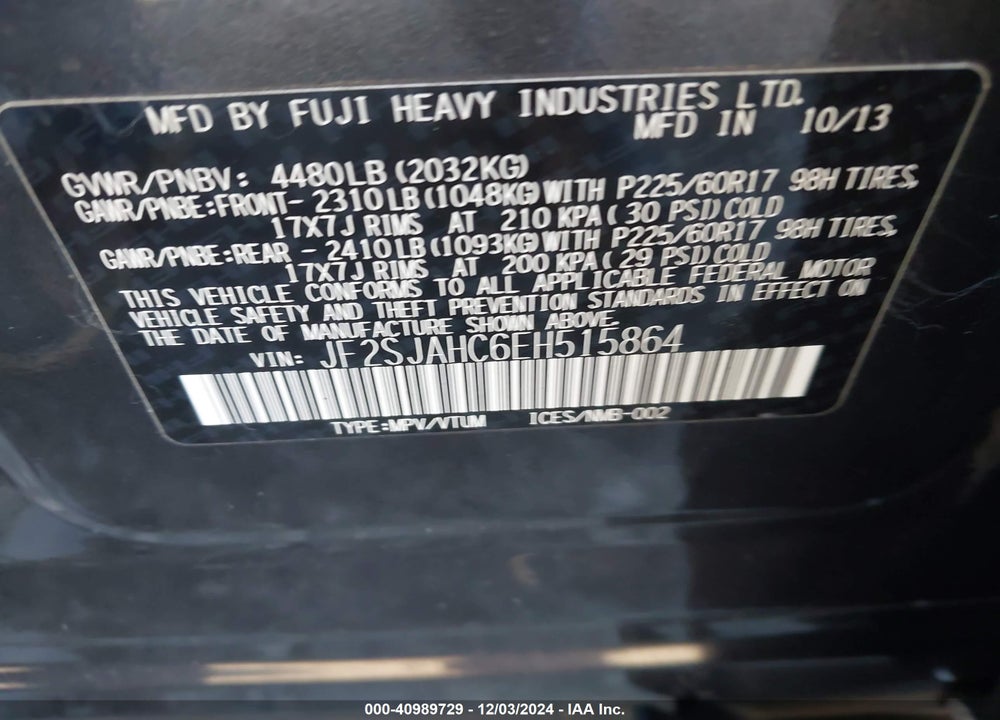 2014 SUBARU FORESTER 2.5I LIMITED VIN: JF2SJAHC6EH515864