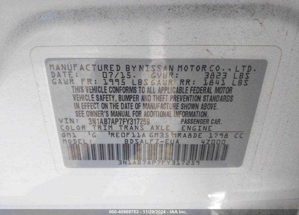 2015 NISSAN SENTRA FE+ S VIN: 3N1AB7AP7FY317259