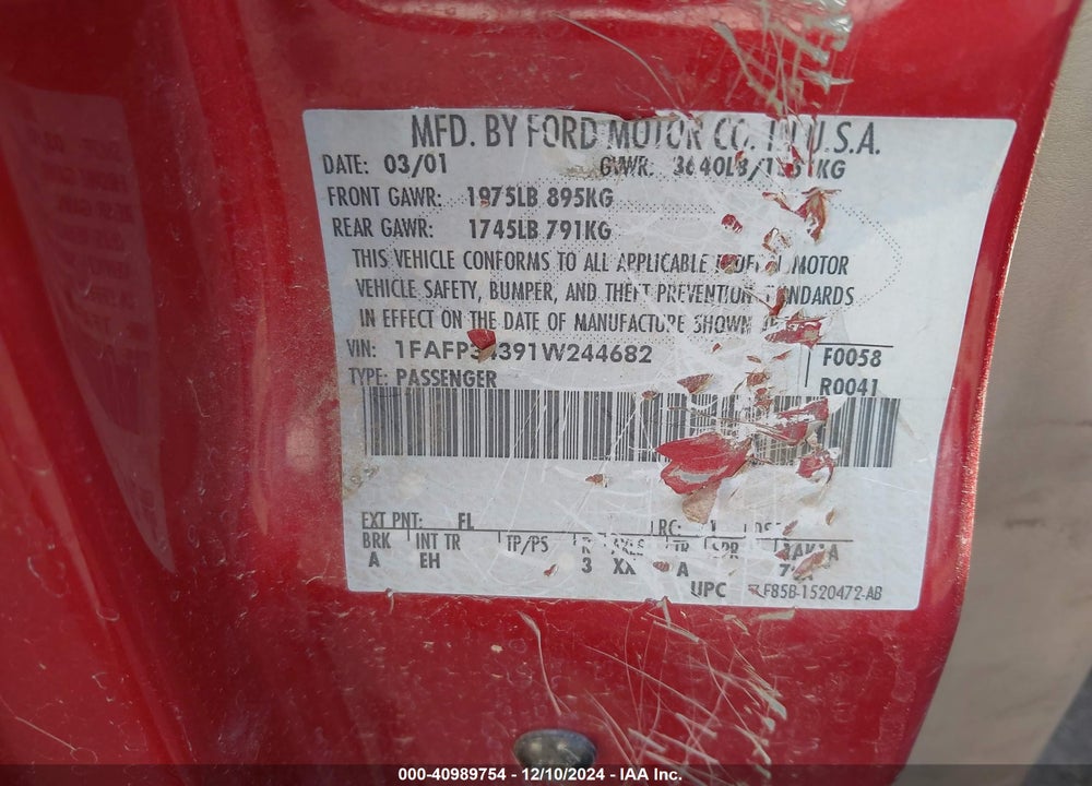 2001 FORD FOCUS VIN: 1FAFP34391W244682