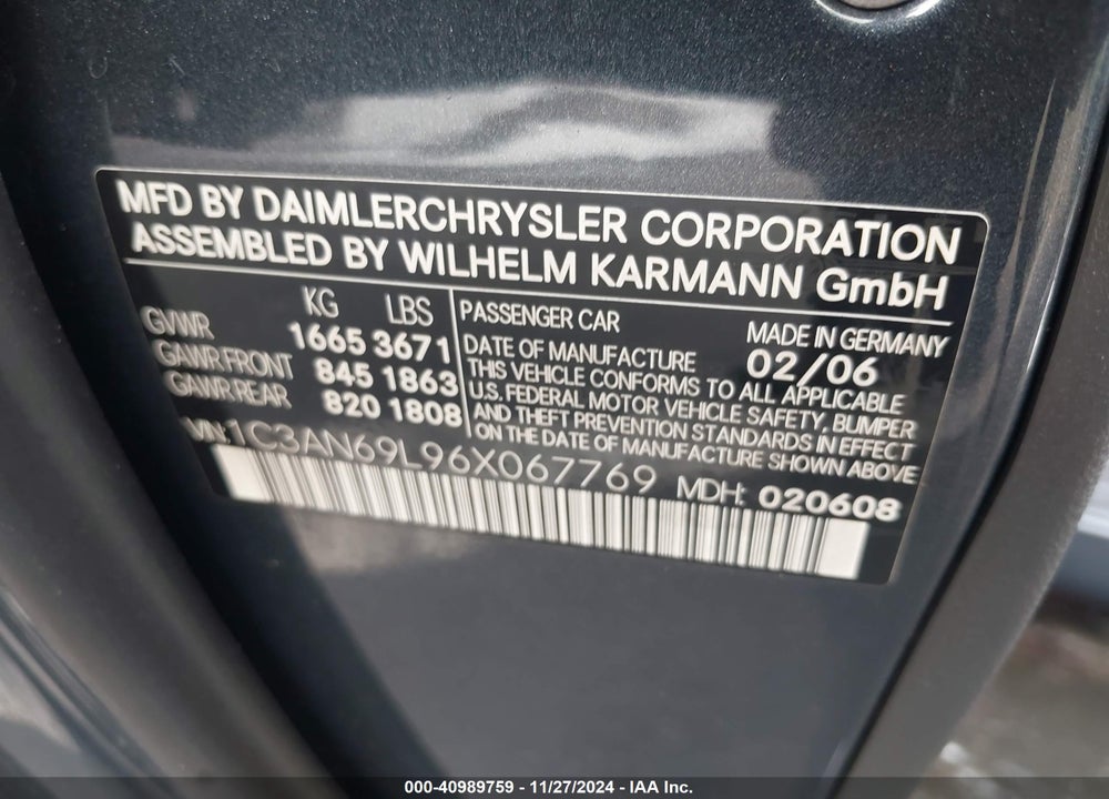 2006 CHRYSLER CROSSFIRE LIMITED VIN: 1C3AN69L96X067769