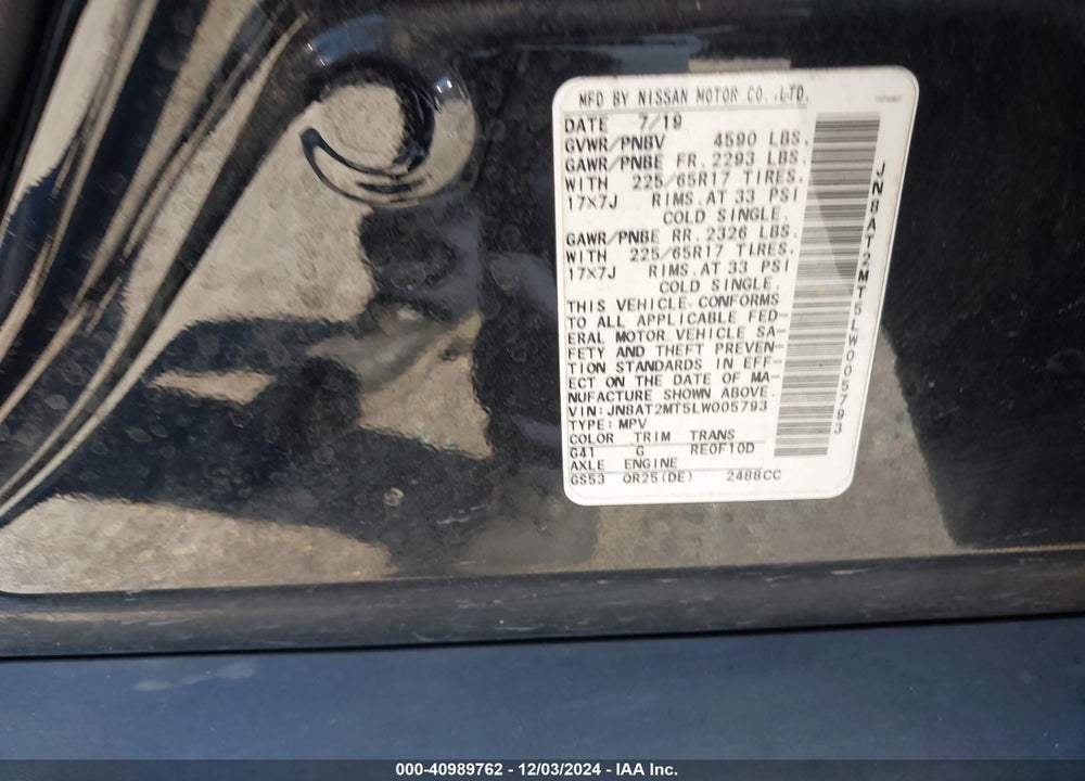 2020 NISSAN ROGUE S FWD VIN: JN8AT2MT5LW005793
