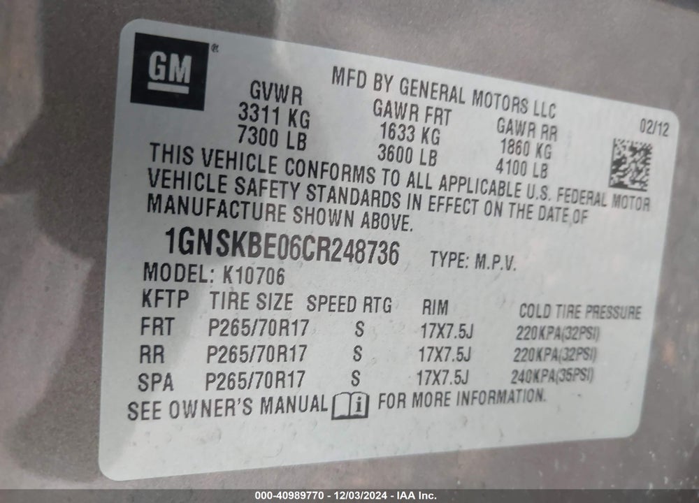 2012 CHEVROLET TAHOE LT VIN: 1GNSKBE06CR248736