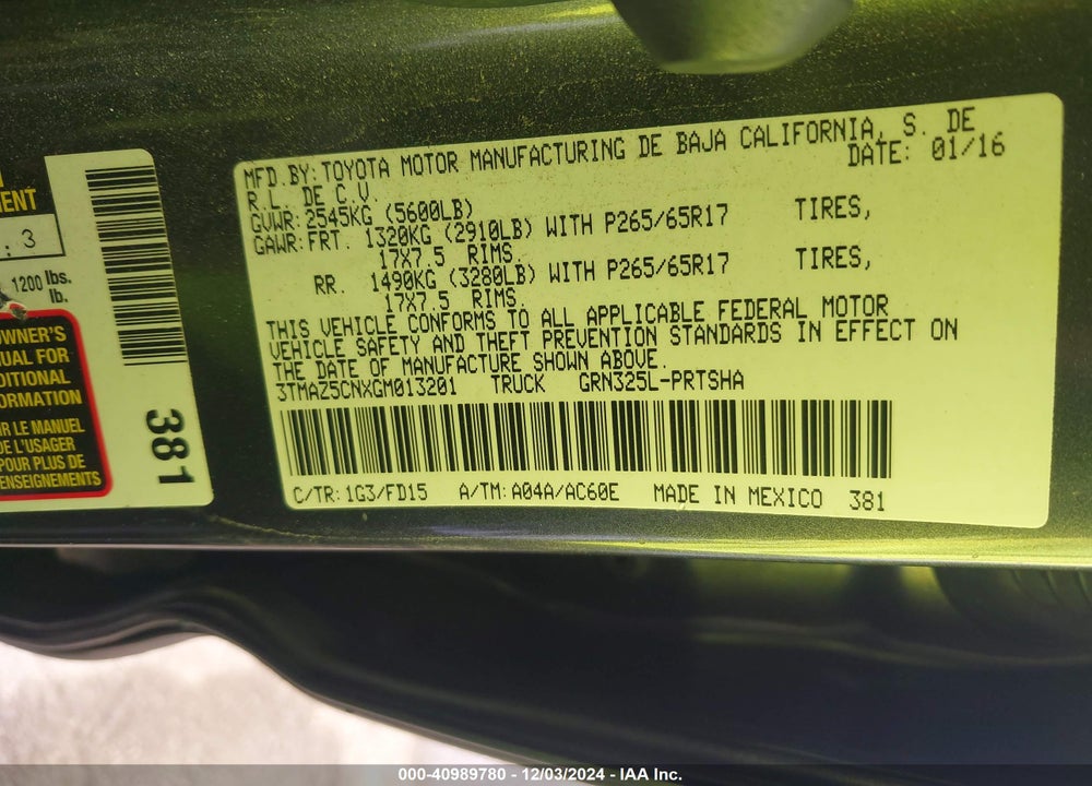 2016 TOYOTA TACOMA TRD SPORT VIN: 3TMAZ5CNXGM013201