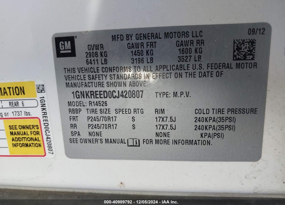 2012 CHEVROLET TRAVERSE LS VIN: 1GNKREED0CJ420807