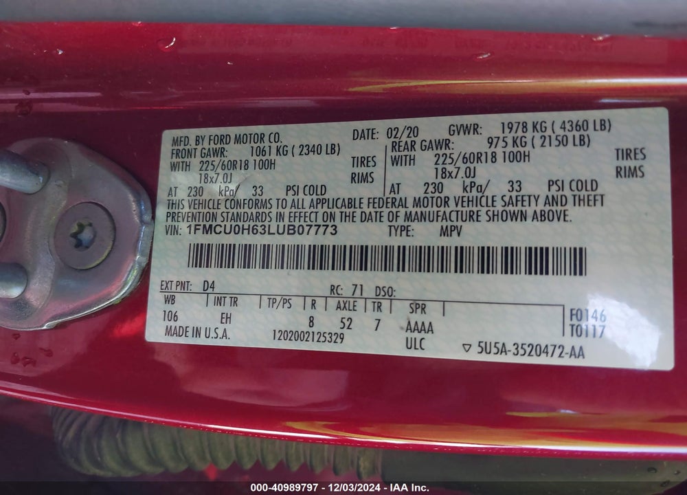 2020 FORD ESCAPE SEL VIN: 1FMCU0H63LUB07773