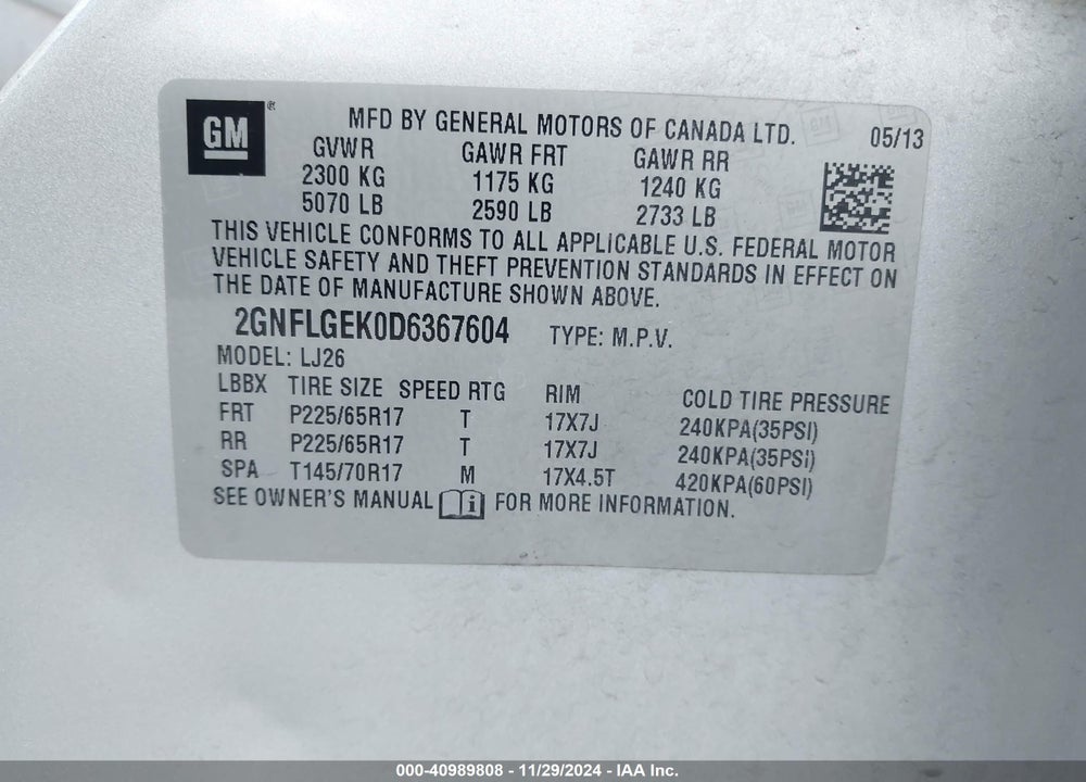 2013 CHEVROLET EQUINOX LTZ VIN: 2GNFLGEK0D6367604