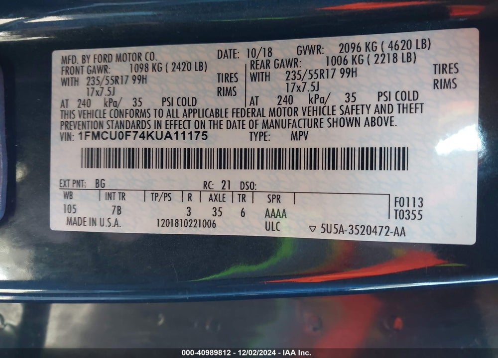2019 FORD ESCAPE S VIN: 1FMCU0F74KUA11175