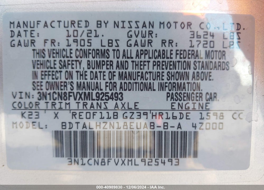 2021 NISSAN VERSA VIN: 3N1CN8FVXML925493