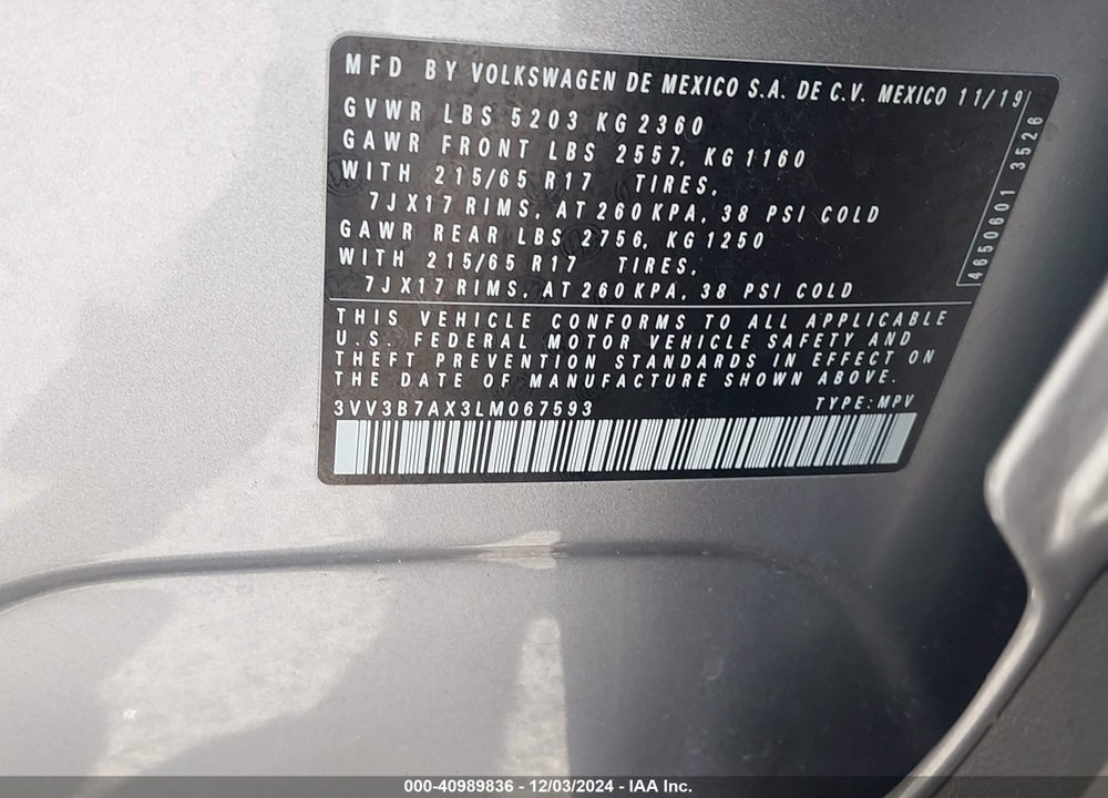 2020 VOLKSWAGEN TIGUAN 2.0T SE/2.0T SE R-LINE BLACK/2.0T SEL VIN: 3VV3B7AX3LM067593
