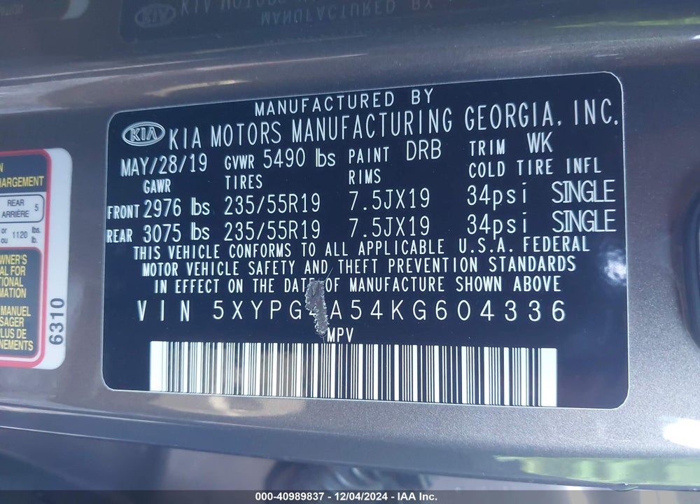 2019 KIA SORENTO 3.3L S VIN: 5XYPG4A54KG604336
