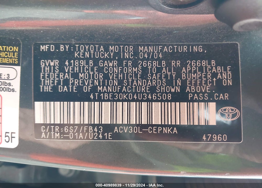 2004 TOYOTA CAMRY LE VIN: 4T1BE30K04U346508