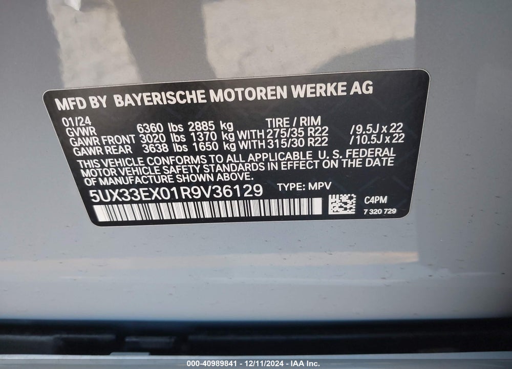2024 BMW X6 XDRIVE40I VIN: 5UX33EX01R9V36129