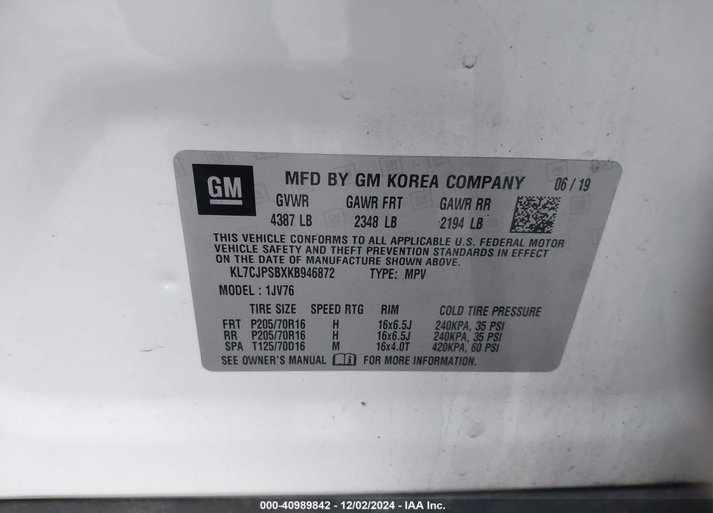 2019 CHEVROLET TRAX LT VIN: KL7CJPSBXKB946872