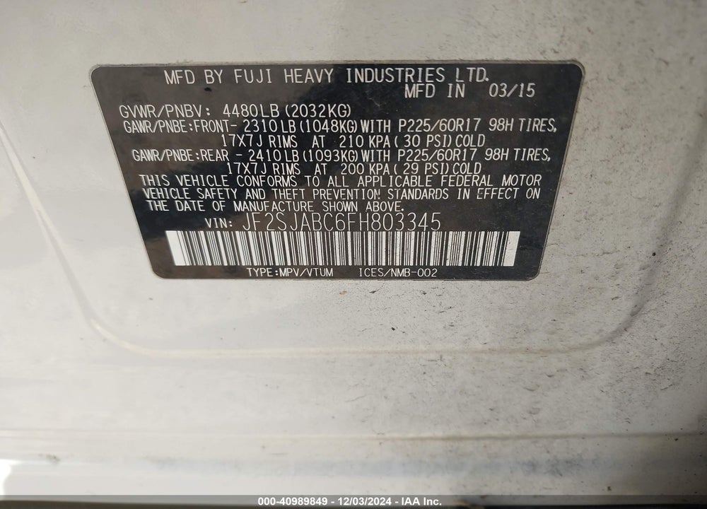 2015 SUBARU FORESTER 2.5I VIN: JF2SJABC6FH803345