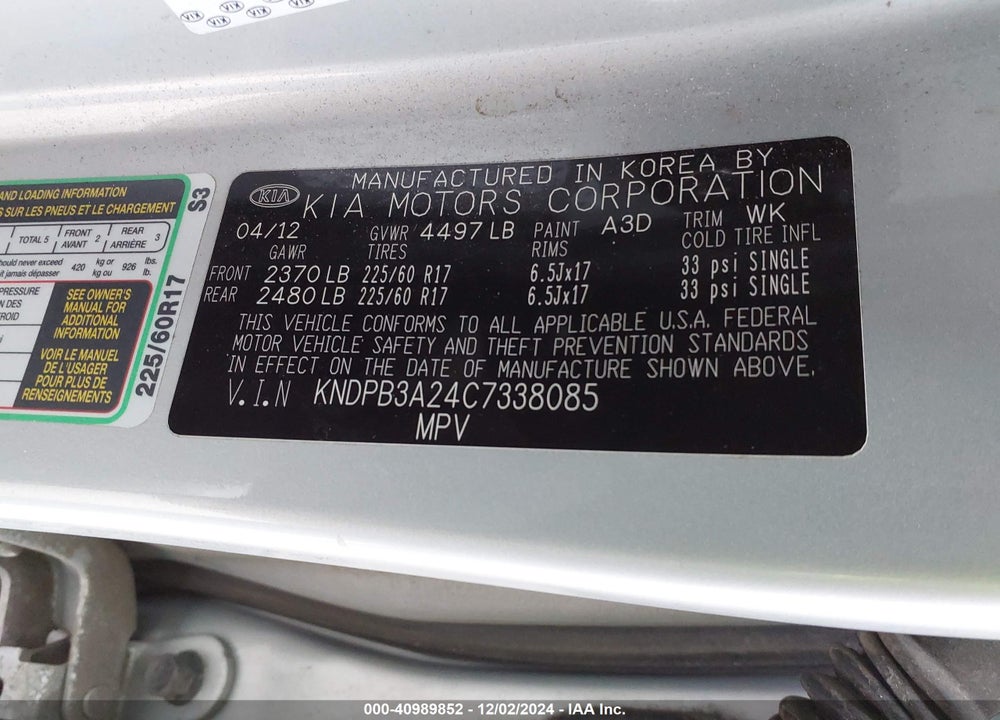 2012 KIA SPORTAGE LX VIN: KNDPB3A24C7338085